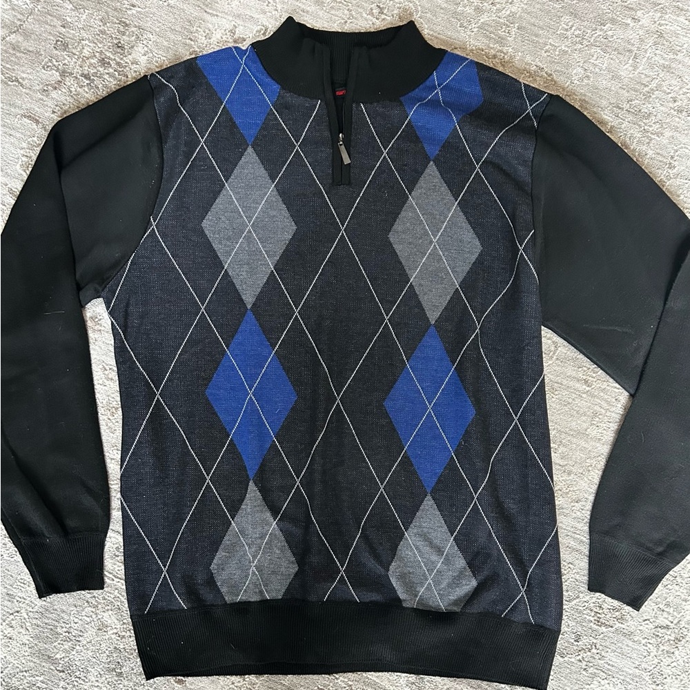 NWOT SWISS CROSS Men's XL 1/4 Zip Sweater Black Navy ARGYLE Office Preppy Golf